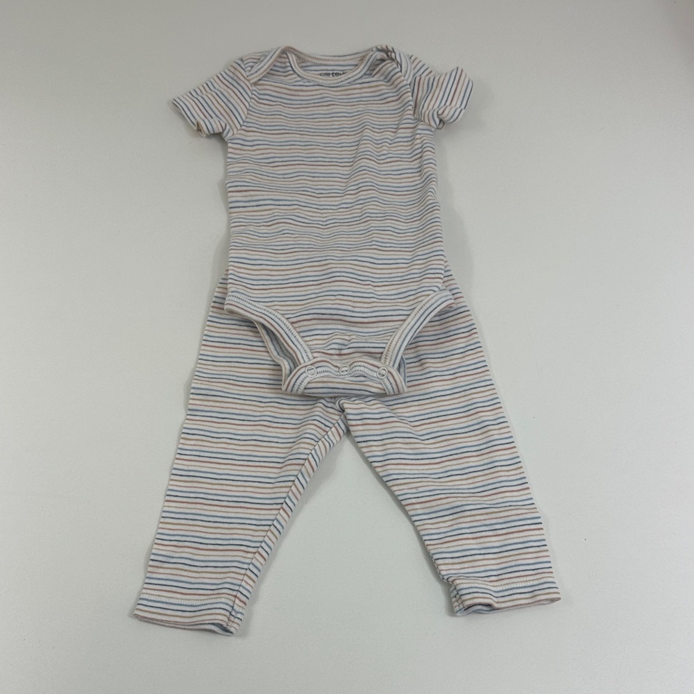 Carters Size 6M Striped Baby Onesie and Pants Set - Neutral Blue & Beige Stripes